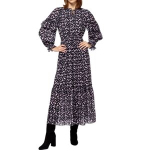 Stellah Floral Print Neck Tie Ruffle Midi Dress